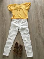 Outfit Hose Jeans Fransenlook Weiß Gr. 38 eher 36 + Bluse Gelb Bochum - Bochum-Ost Vorschau