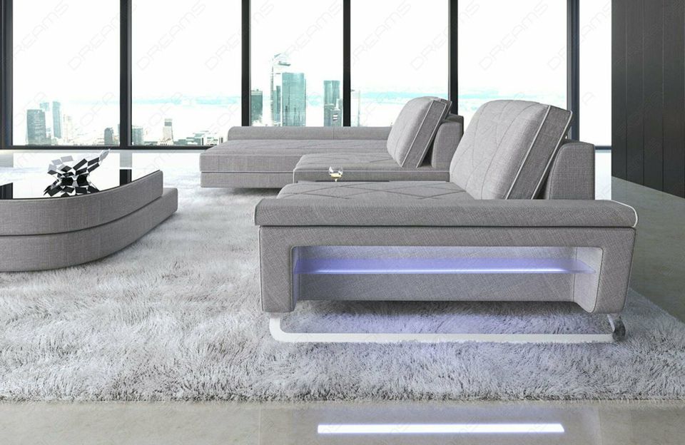 Designer Stoffsofa Bari L Form Polster Modern USB LED Eckcouch in Berlin