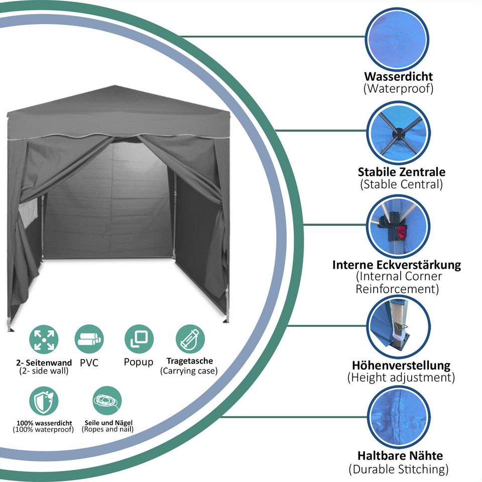 Faltpavillon 2x2 m ink 4 Seitenteile Wasserdicht Partyzelt GRAU in Essen