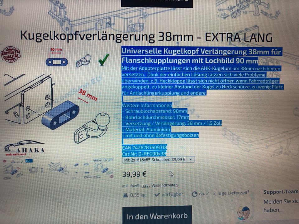 Kugelkopfverlängerung - Kupplungsverlängerung 38 mm in Freiberg