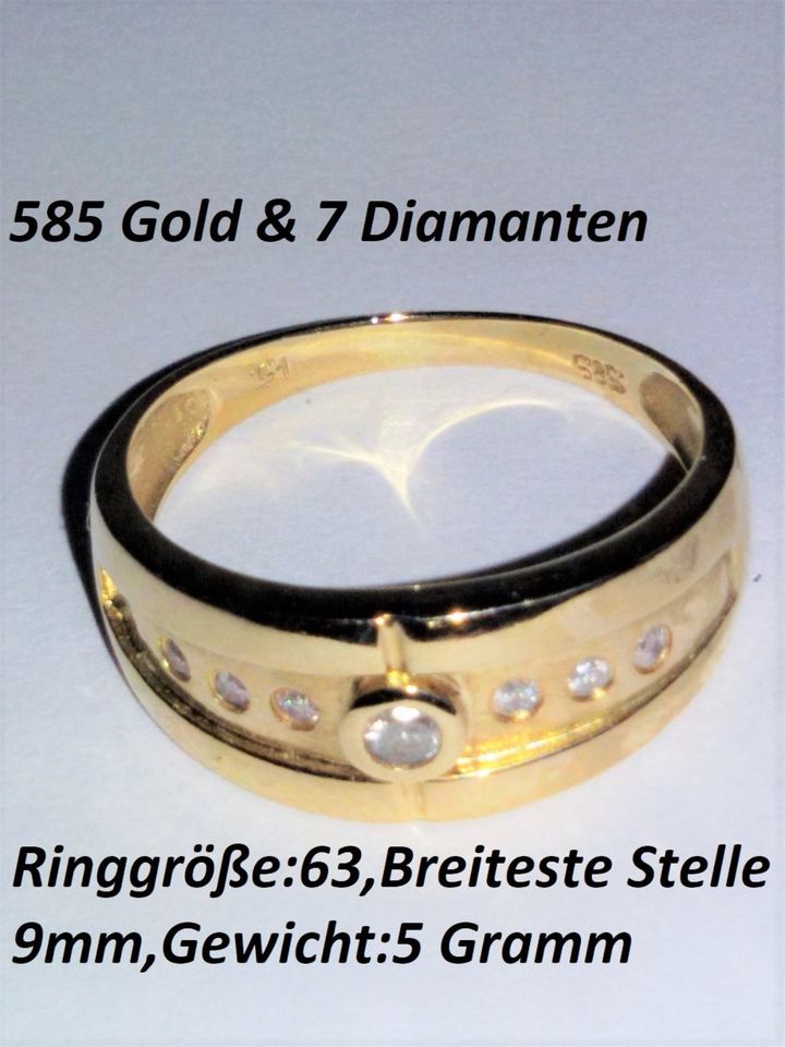 Breiter Goldring aus 585 Gold mit 7 Brillanten in Norderstedt