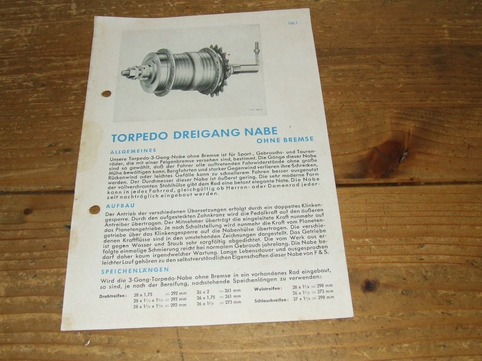 Orig Prospekt Sachs Torpedo Dreigang Nabe ohne Bremse hinten 1955 in Losheim am See