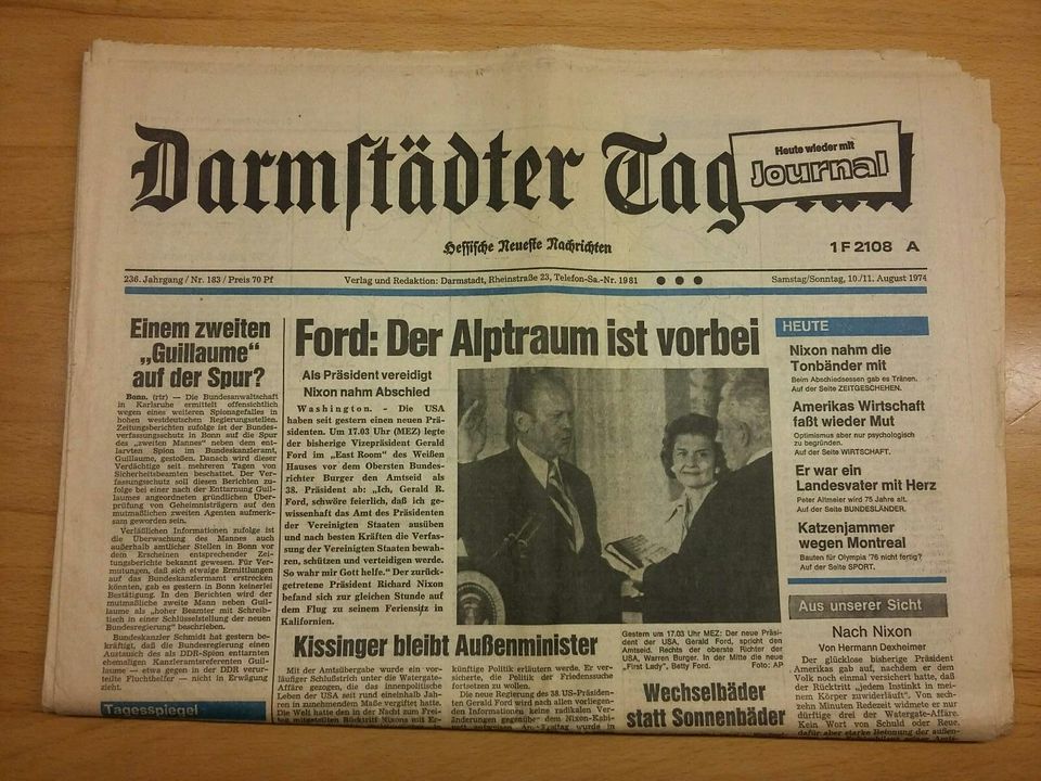 Zeitung Darmstädter Tag 10./11.August 1974 in Sinsheim