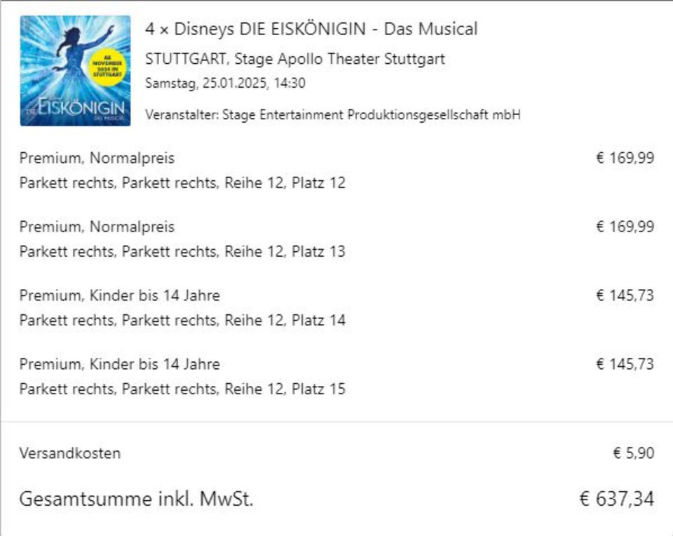 Die Eiskönigin Musical Stuttgart | 4 Stück | 25.01.25 - 14.30 Uhr in Offenberg