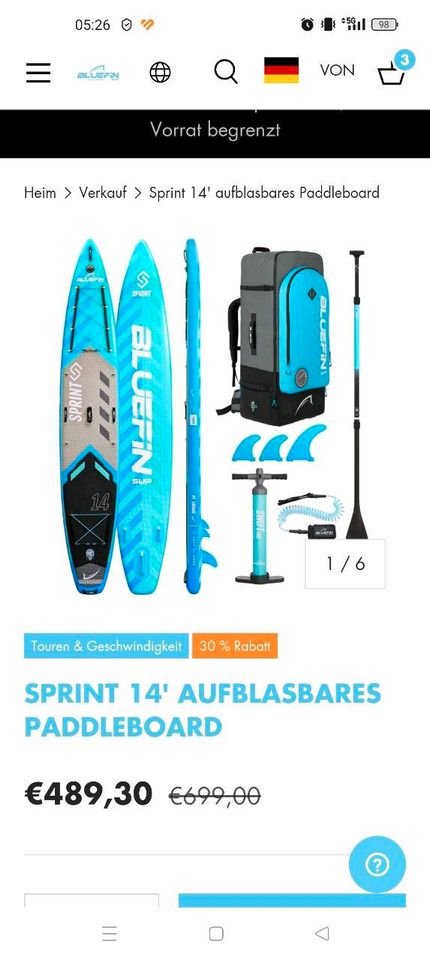 Bluefin SUP 14′ Sprint  Stand Up Paddle Board Kit in Burghausen