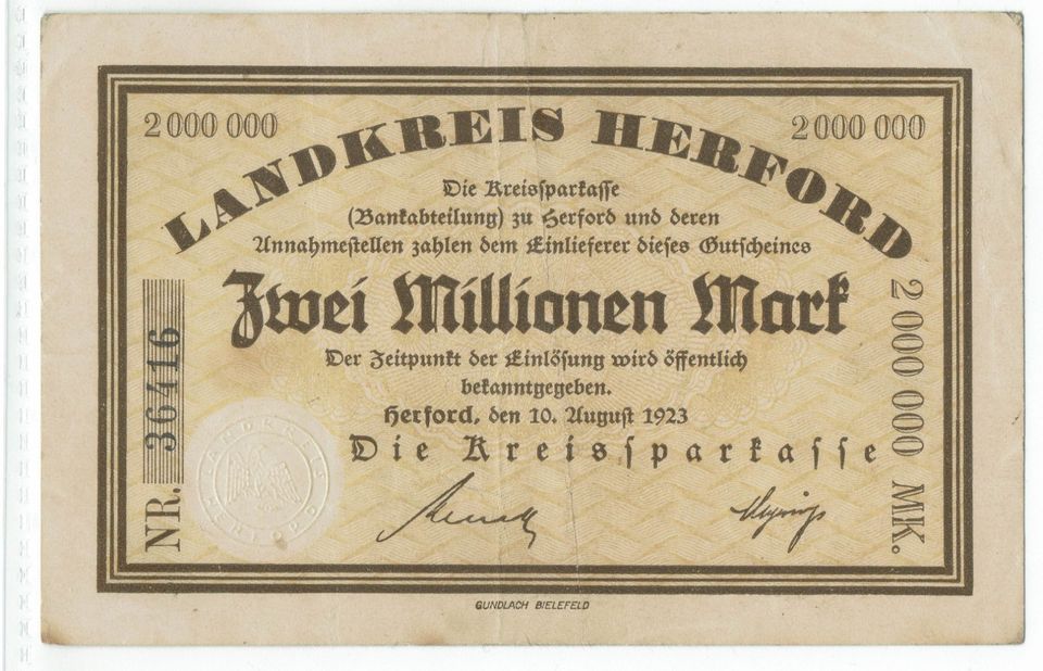 Landkreis Herford 2 Millionen Mark Kreissparkasse 10.8.1923 in Hamburg