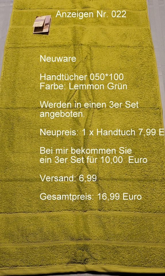 3 x Handtücher in Lemmon Grün 050*100 Neu Anzeigen Nr.:022 in Bocholt