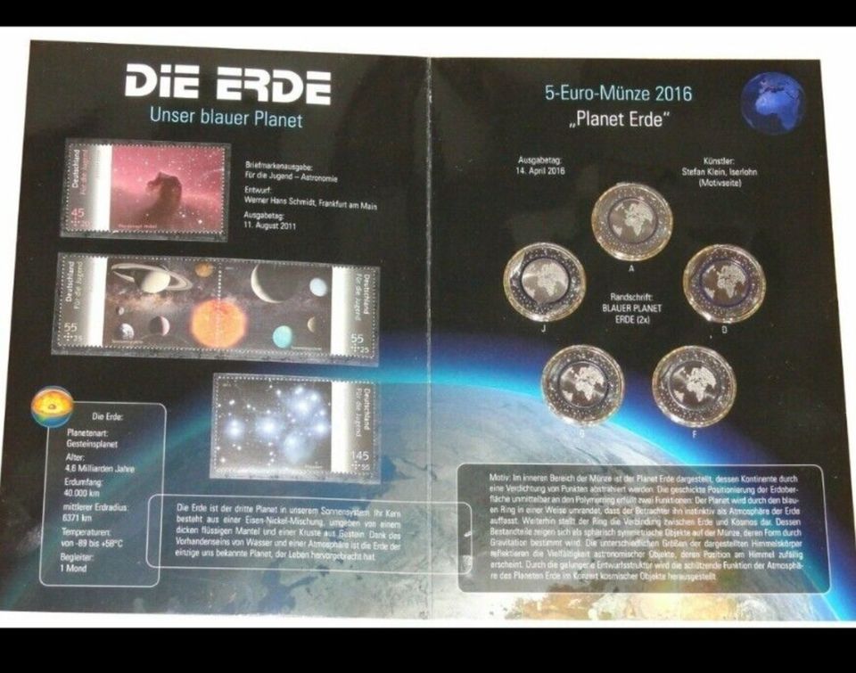 BRD 5 Euro Blauer Planet Erde 2016 A-D-F-G-J im Post Folder in Freilassing