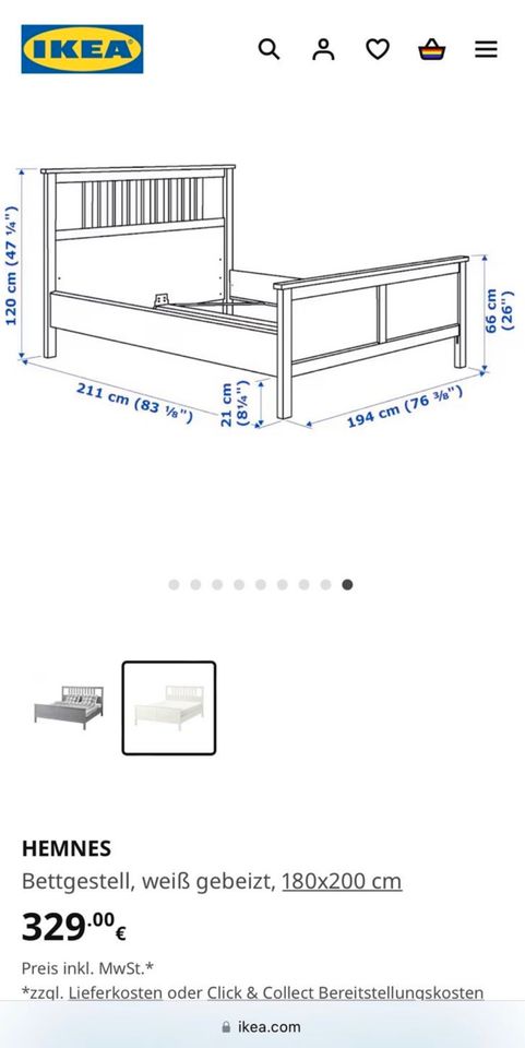 Ikea Hemnes Bett, weiß, 180 x 200 cm, inkl. Lattenrost in Puchheim