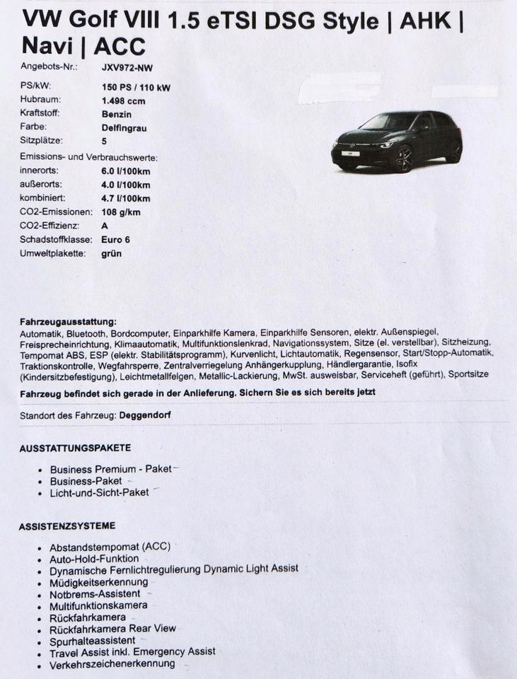VW Golf VIII eTSI DSG Style Delfingrau Metallic in Rathenow