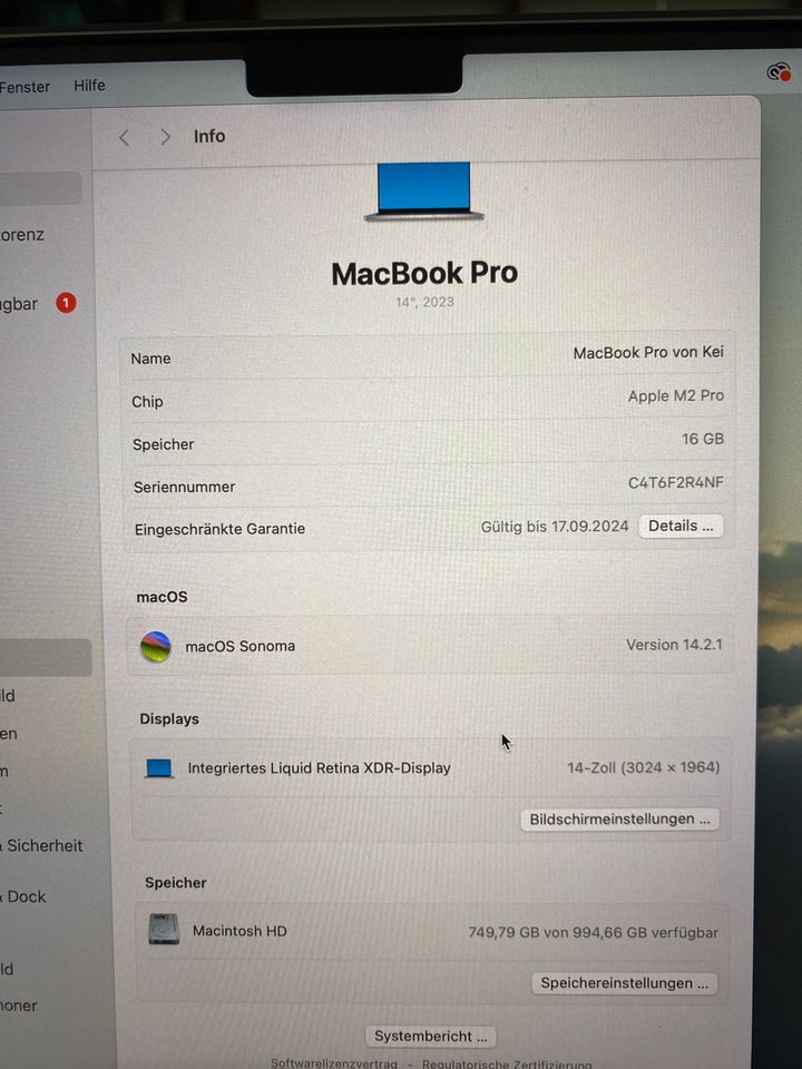MacBook Pro 14’ // M2 Chip// 16GB Arbeitsspeicher // 1TB Speicher in Pattensen