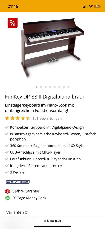 E Piano / Keyboard Funkey DP 88 II + Homcom Klavierhocker in Karlsruhe