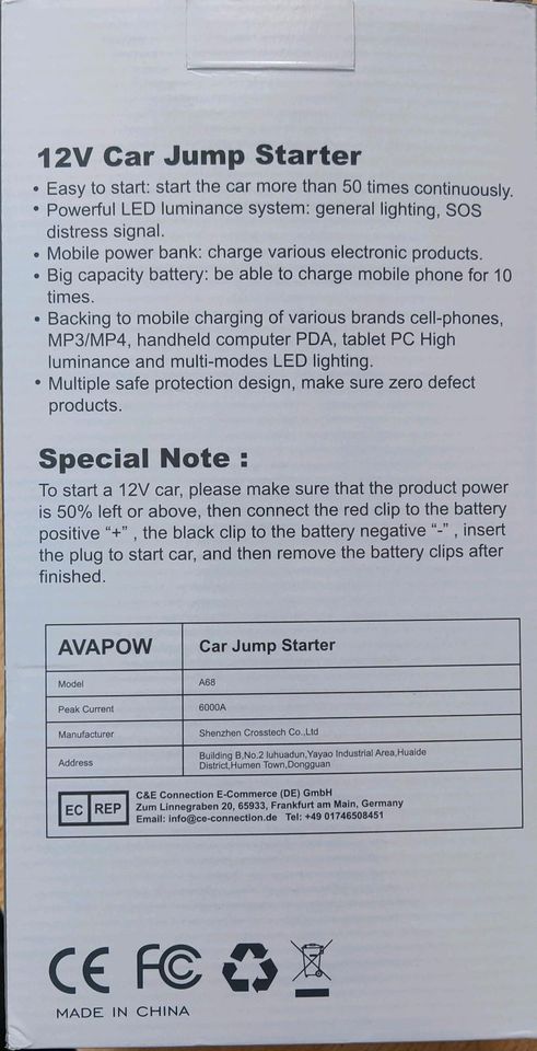 Avapow 6000a jump starter kfz StartHilfe notstarter booster Power in Tannhausen