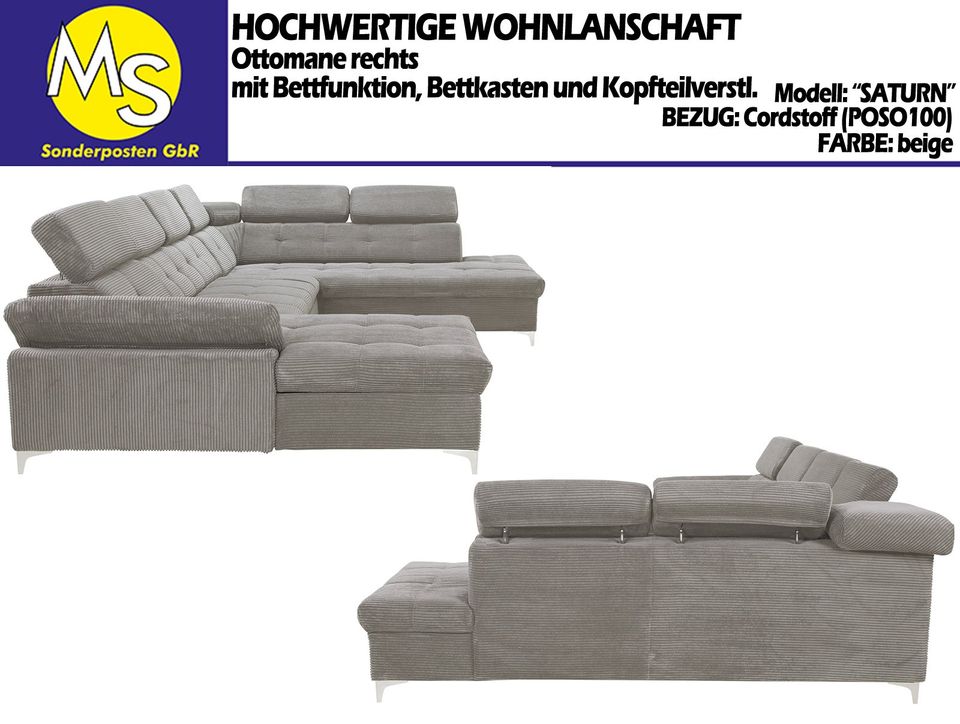 Sofa Couch Wohnlandschaft U Form Bettfunktion-Bettkasten Cord bei in Mettingen