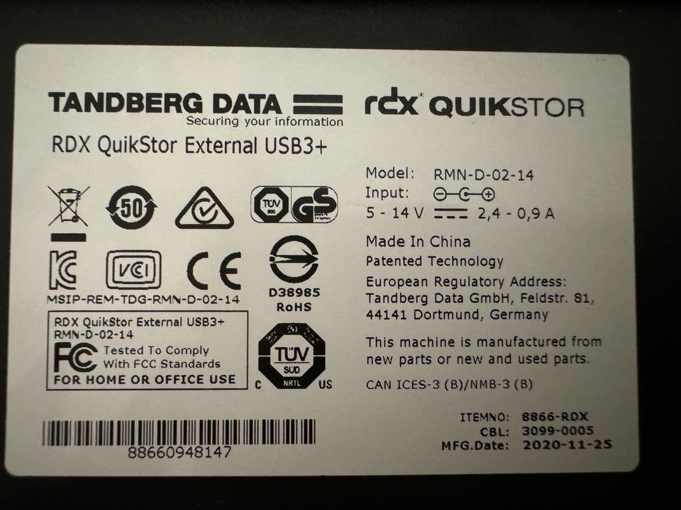 Tandberg Data RDX-Laufwerk QuickStor RDX USB 3.0, 4TB Datenband in Apensen