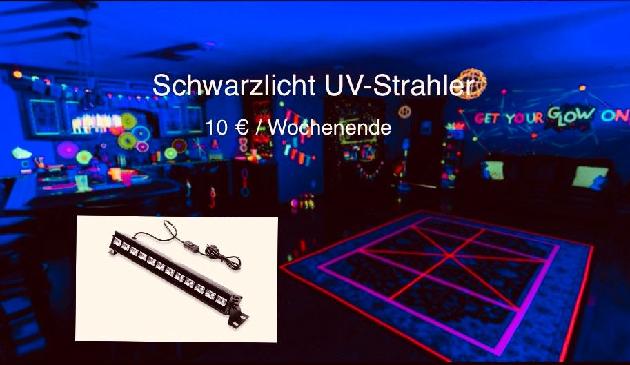 Schwarzlicht UV-Strahler UV-Beleuchtung mieten Partybeleuchtung Lichttechnik Partylicht Discolicht Verleih Neonparty Lichteffekt Nebelmaschine in Köln