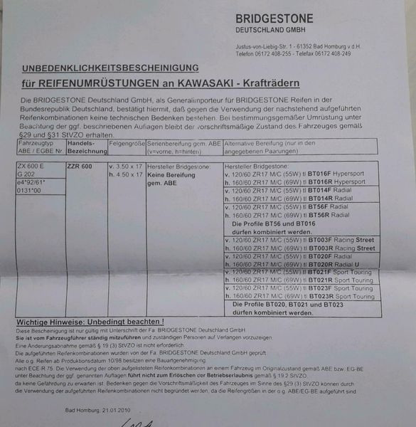 Bridgestone Unbedenklichkeitsbescheinigung für Reifenumrüstung an in Hessen  - Pfungstadt | Motorradreifen & Felgen | eBay Kleinanzeigen ist jetzt  Kleinanzeigen