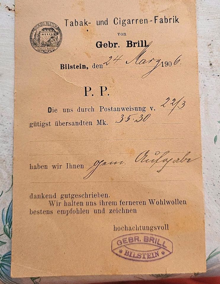 Postkarte Rechnung Gebr.Brill Bilstein 1906 Sauerland in Siegen