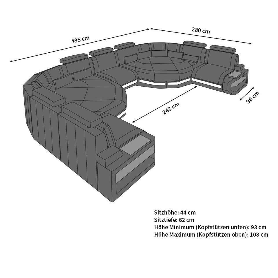 Leder Wohnlandschaft Asti XXL mit LED, USB und Relax Ecken in Berlin