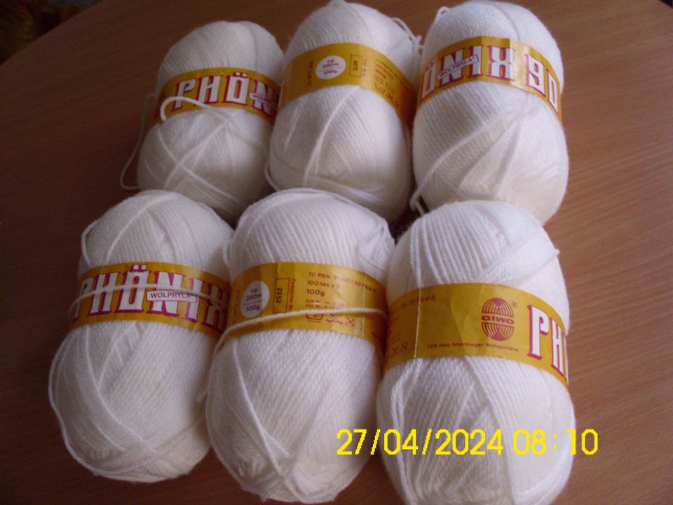 DDR-Wolle "Phönix", VEB ALWO, weiß, 3,- €/100g, 6x100g in Schwichtenberg