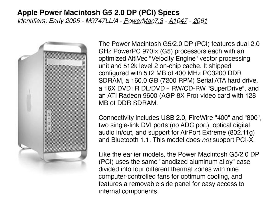 Apple Power Macintosh G5 2.0 DP (PCI) Specs in Northeim