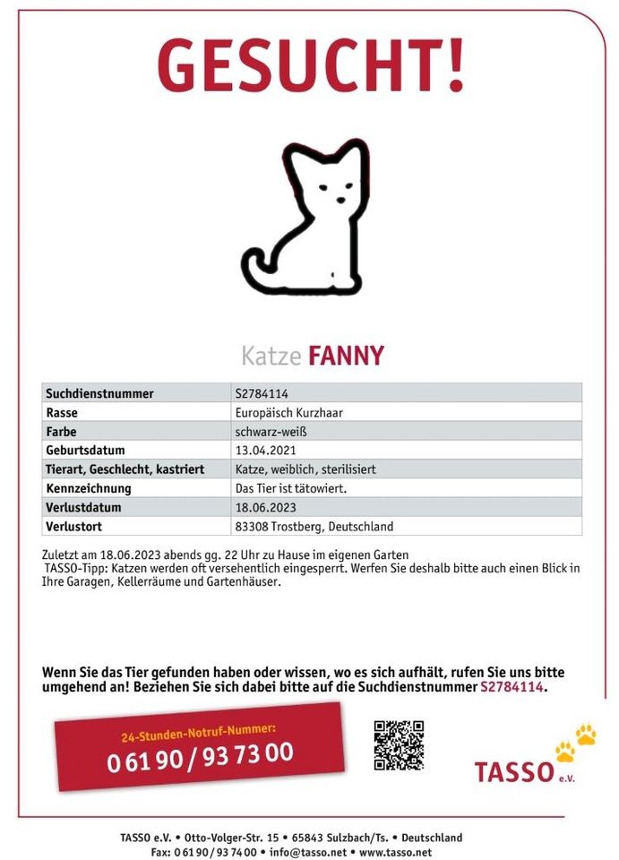 Katze Fanny seit Sonntag Abend den 18.06.2023 vermisst in Trostberg