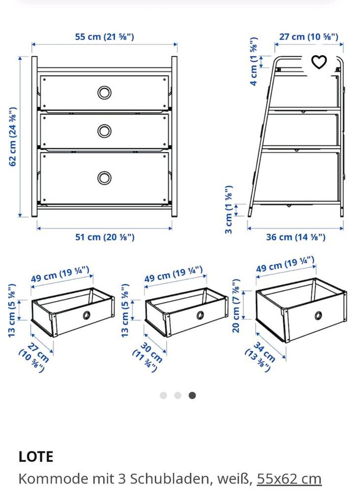 Ikea Lote weiß Kommode 3 Schubladen Nachttisch Ablagetisch 55x62 in Gelsenkirchen