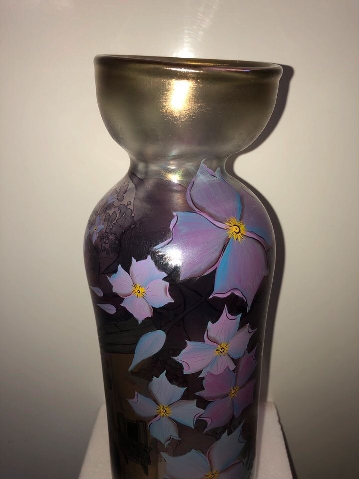 Bemalte Erwin Eisch Glas Vase Jugendstil, signiert 92 in Brunn Kreis Regensburg