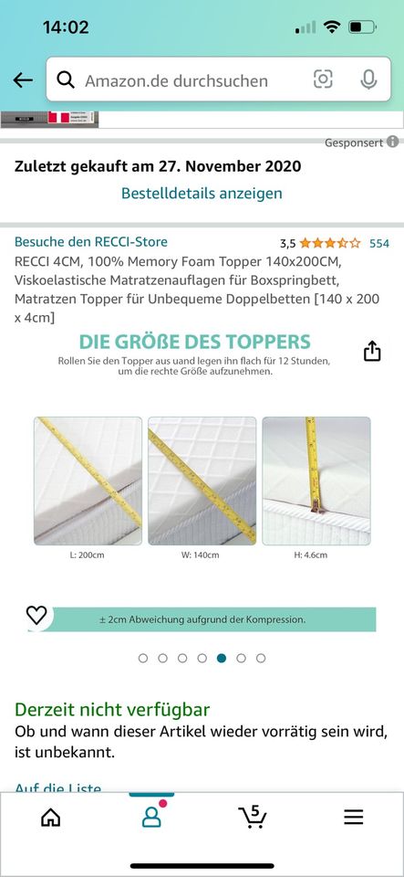 RECCI 4CM, 100% Memory Foam Topper 140x200CM in Burgebrach