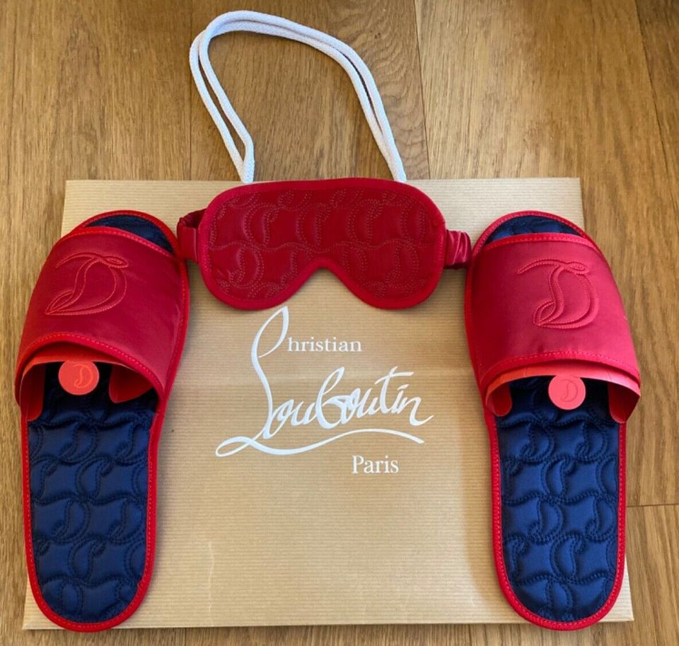 Christian Louboutin Red Silk Slippers One Size and Sleep Mask Set in Gaggenau