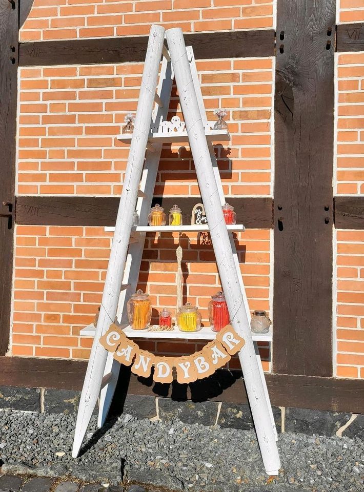 Vermietung Candybar Holz Leiter LED weiß Zubehör Gläser Verleih in Bielefeld