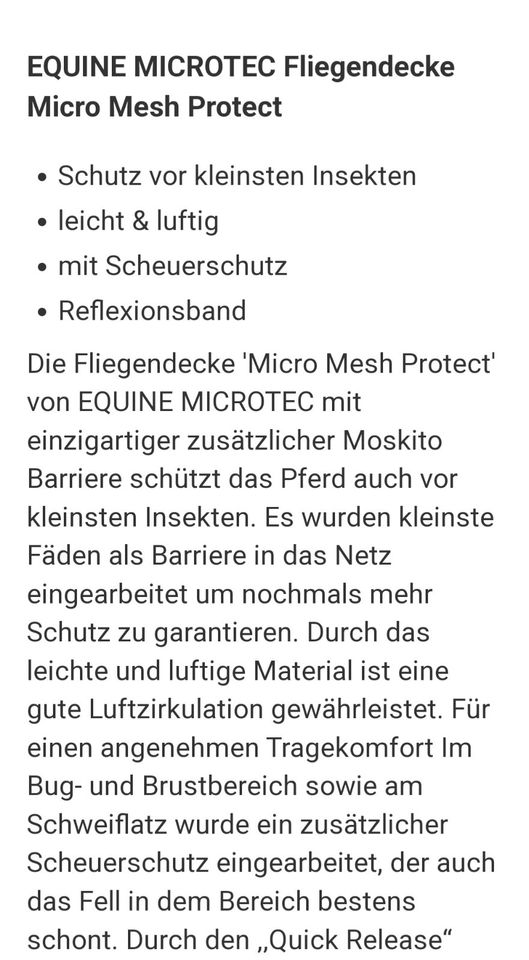 Fliegendecke Micro Mesh Protect 135 cm MIT Bauchgurten !!! in Gusterath