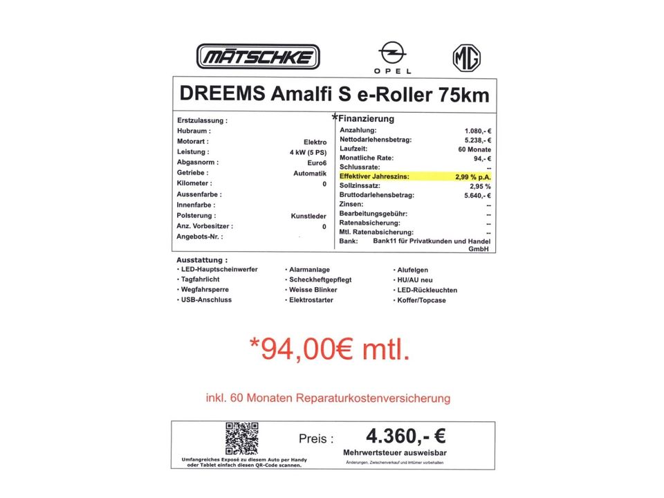 DREEMS Amalfi S e-Roller 75km/h inkl. Top Case *herausn in Dresden