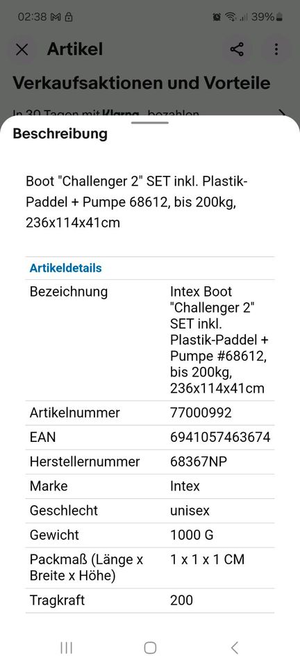 Intex Boot Challenger 2 mit Pumpe und 2 Paddeln in Nottuln