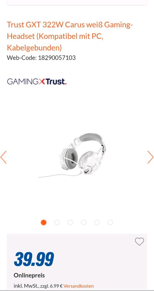Trust GXT 322W Carus weiß Gaming-Headset (Kompatibel mit PC, Kabe in Kaufbeuren