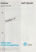 Prospekt Preisliste VW Volkswagen Golf Cabriolet Cabrio 3/1996 Niedersachsen - Calberlah Vorschau