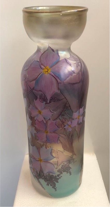 Bemalte Erwin Eisch Glas Vase Jugendstil, signiert 92 in Brunn Kreis Regensburg