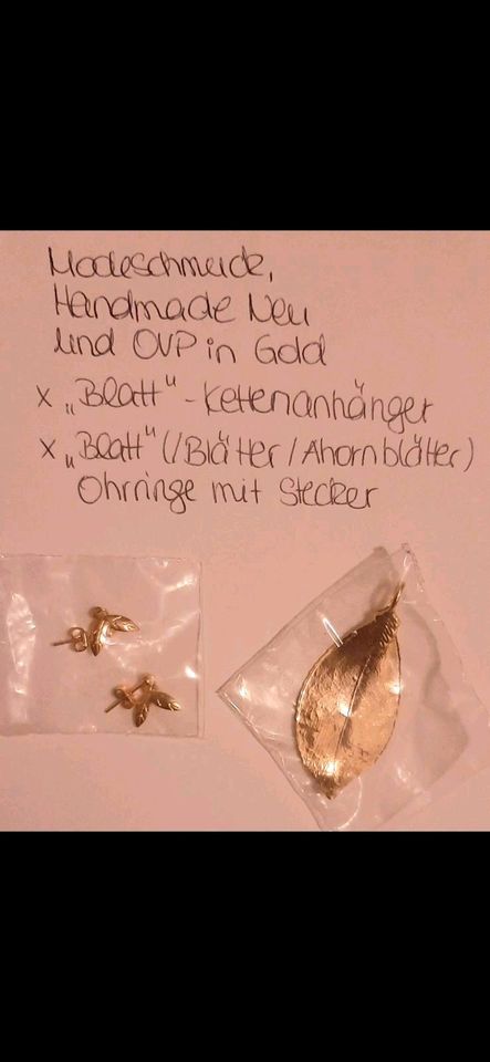 Handmade Modeschmuck Set Gold Ohrringe Kettenanhänger Blatt Blätt in Köln