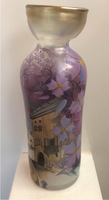 Bemalte Erwin Eisch Glas Vase Jugendstil, signiert 92 in Brunn Kreis Regensburg