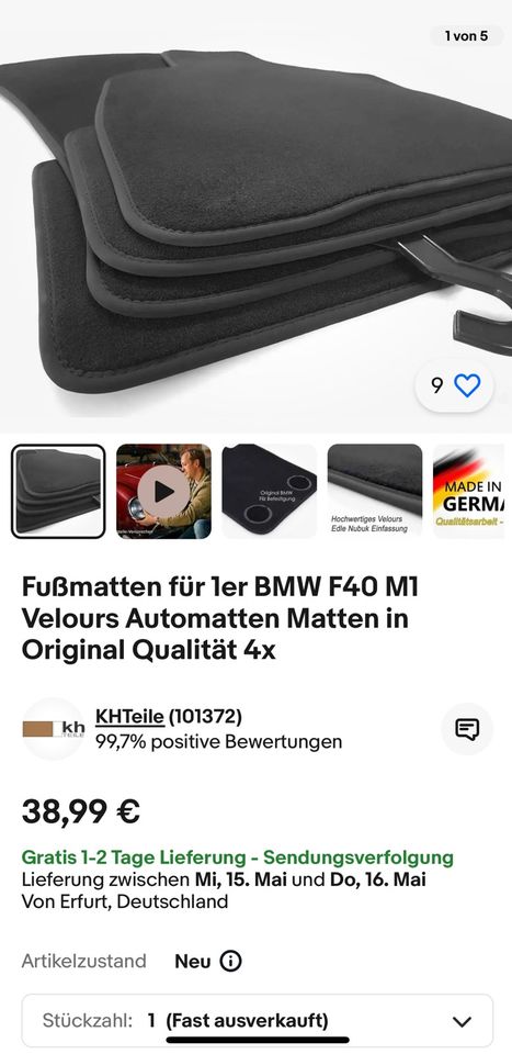 Fußmatten Set für BMW 1er F40 nagelneu in Leverkusen