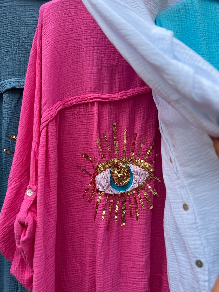 Damen Musselin Hemd Bluse Augen Paillette stick Over Size in Mainz