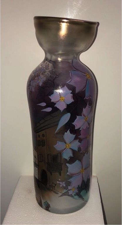 Bemalte Erwin Eisch Glas Vase Jugendstil, signiert 92 in Brunn Kreis Regensburg