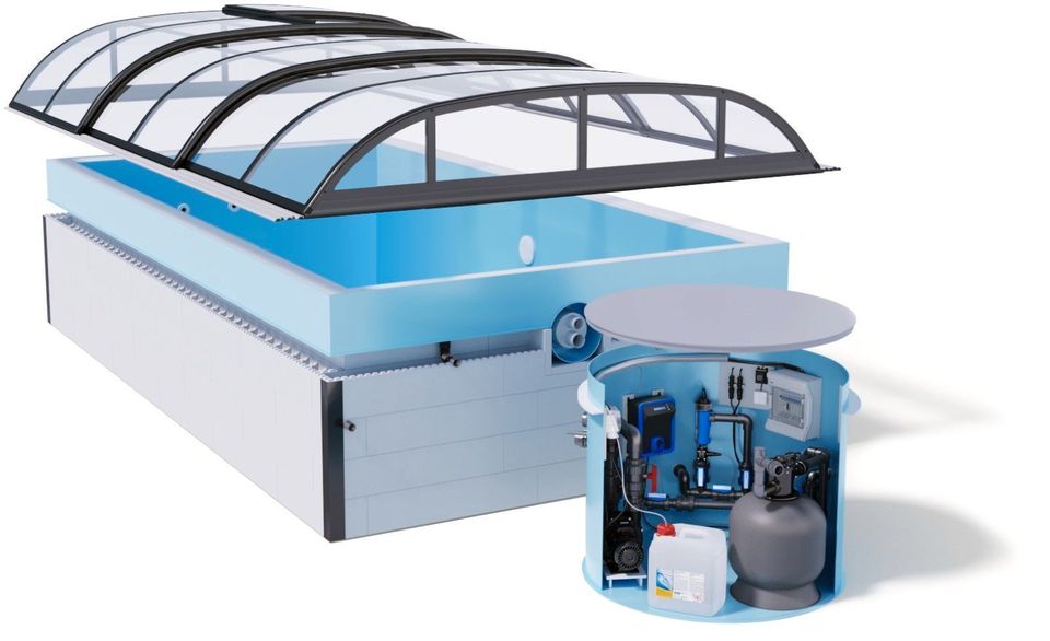 Pool Komplettset Infinity® Bay mit Überlauf-Schwimmbecken und optionaler Poolüberdachung / elektrischem Rollo, Poolgröße 3,0 x 7,0m in Winklarn