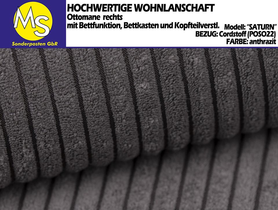 Sofa Couch Wohnlandschaft U Form Bettfunktion-Bettkasten Cord gra in Mettingen