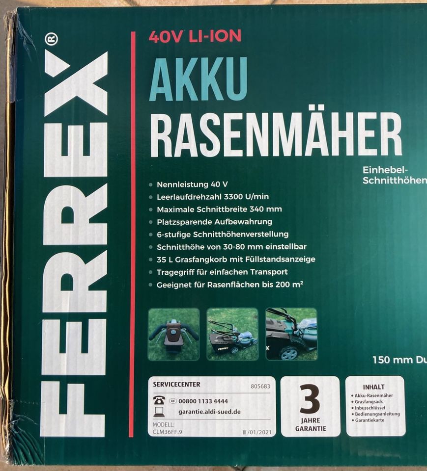 Ferrex Akku Rasenmäher 34 cm Schnittbreite NEU in OVP unbenützt. in Neuenstein