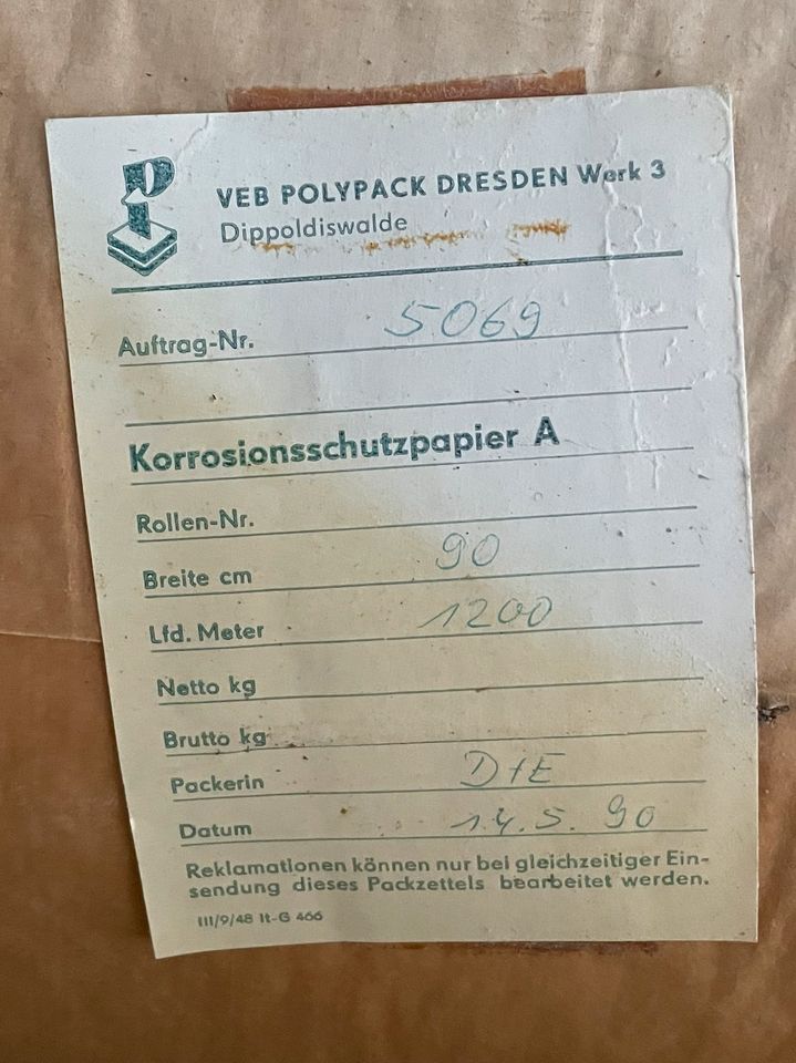 Korrosionsschutzpapier A, VEB in Wiesenburg/Mark