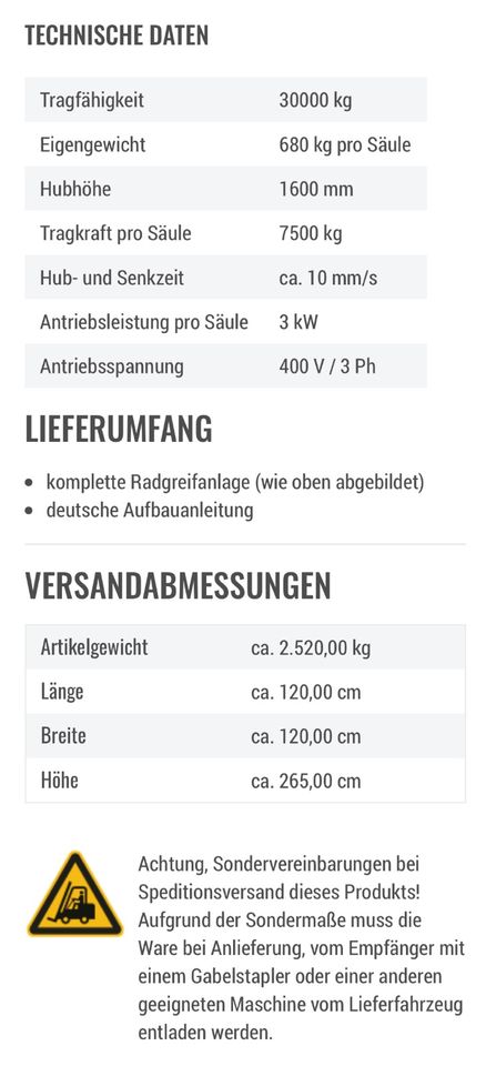 #52/11 Radgreifanlage / LKW Hebebühne 7,5 – 4 Säulen in Schmidmühlen