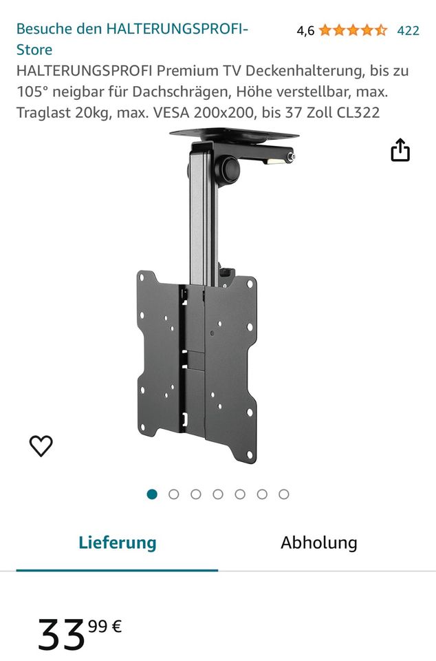 TV Fernseher Deckenhalterung bis 37 Zoll, Höhenverstellbar in Homberg