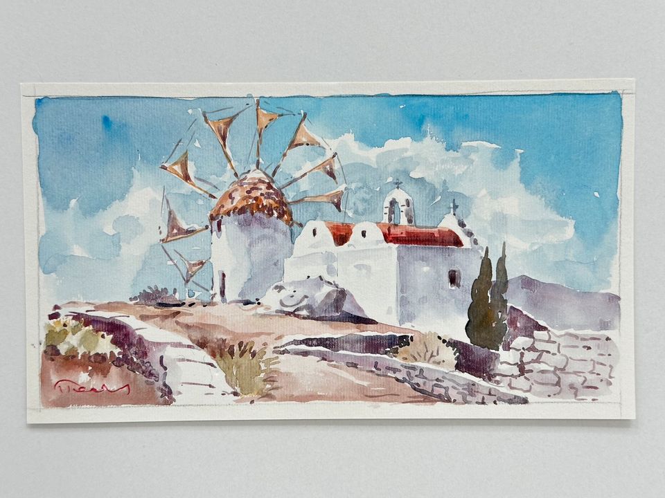 * AQUARELL GRIECHENLAND INSELN SANTORINI KAPATHOS WINDMÜHLE KAPEL in Berlin