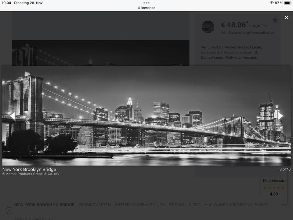 Wandtapete New York Brooklyn Bridge Maße siehe Foto in Hemsbach